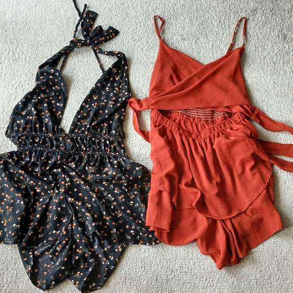 Floral Black and Rust Red Women's Rompers Suits Dress Casual "MACYS" Straps Tie - Picture 1 of 14
